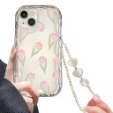 Capa transparente para Samsung Galaxy A55 5G com estampado de tulipas em rosa Corrente de pérolas com corações Bordas onduladas Borda elevada em torno 4