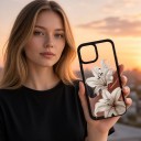 Capa transparente resistente a impactos para iPhone 17 com padrão vintage de lírios brancos e moldura preta Proteção para o telefone 3