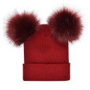 Cappello lavorato a maglia da donna con due pompon in pelliccia sintetica Berretto caldo con orlo risvoltato Tessuto di cotone per i giorni 3