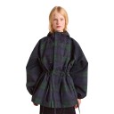 Cappotto da donna a quadri con cappuccio e regolazione in vita, maniche a palloncino, blu-verde, cappotto autunnale per la città e le passeggiate 1