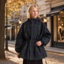 Cappotto da donna a quadri con cappuccio e regolazione in vita, maniche a palloncino, blu-verde, cappotto autunnale per la città e le passeggiate 8