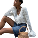 Cardigan da donna in maglia con scollo a V Maglione monocolore con bottoni e maniche ampie Cardigan elegante e alla moda in poliestere e cotone 4