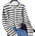 Cardigan damă cu dungi din poliester cu decolteu rotund Pulover elegant tricotat cu nasturi și mâneci lungi Mărime universală 4