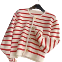 Cardigan damă cu dungi din poliester cu decolteu rotund Pulover elegant tricotat cu nasturi și mâneci lungi Mărime universală 6