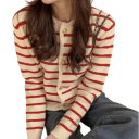 Cardigan damă cu dungi din poliester cu decolteu rotund Pulover elegant tricotat cu nasturi și mâneci lungi Mărime universală 7