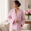 Cardigan damă închis cu imprimeu floral, croi kimono, cu legare și mâneci largi, cardigan roz pentru oraș și acasă 5