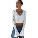 Cardigan de malha feminino com decote em V Suéter liso com botões e mangas largas Suéter elegante e moderno em poliéster e algodão 24