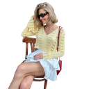 Cardigan de malha feminino com decote em V Suéter liso com botões e mangas largas Suéter elegante e moderno em poliéster e algodão 12