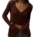 Cárdigan de punto para mujer con escote en V Suéter de un solo color con botones y mangas acampanadas Suéter de moda elegante Poliéster 17
