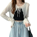 Cardigan de vară pentru femei cu mânecă lungă și legare cu șnur Pulover ușor din poliester de o singură culoare Top elegant și aerisit 3