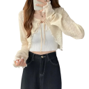 Cardigan de vară pentru femei cu mânecă lungă și legare cu șnur Pulover ușor din poliester de o singură culoare Top elegant și aerisit pentru zilele călduroase 7