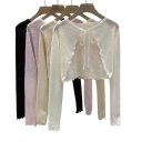 Cárdigan de verano para mujer con mangas largas y lazo en cordones Suéter ligero de poliéster de un solo color Top elegante y transpirable 15