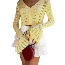 Cardigan en tricot pour femmes avec décolleté en V Pull uni à boutons avec manches évasées Pull élégant et à la mode Polyester et coton 6