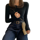 Cardigan pour femmes en coton et polyester avec un boutonnière partielle Pull uni avec décolleté rond Manches longues Taille unique 11