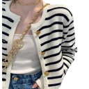 Cardigan rayé pour femmes en polyester avec décolleté rond Pull en tricot élégant avec boutons et manches longues Taille universelle 9