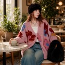 Cardigan tricotat pentru femei cu flori, cu nasturi, cu decolteu în V, croi oversized, pulover roz cu model floral pentru fiecare zi 5