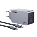 Cargador rápido de 100 W con enchufe UE, 2 USB C y 1 USB A GaN PD QC 4.0 3.0 + cable USB C dual, cargador de teléfono de 2 m, carga rápida 1