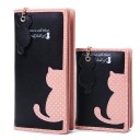 Carteira de senhora com gato Aplicação de gato com bolinhas Fecho com zip Chaveiro em forma de gato Borda decorativa rosa em couro PU 11