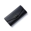 Carteira longa feminina em couro sintético Aba de envelope assimétrica Fecho decorativo metálico escuro Forma fina e plana 19 x 9,5 x 1,5 1