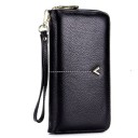 Cartera de mujer de cuero genuino Cierre de cremallera alrededor Correa para la muñeca Adorno dorado en forma de V Costura clara 20 x 10,5 x 1
