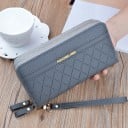 Cartera larga para mujer con dos cremalleras y patrón de rombos en relieve Etiqueta dorada y correa para la muñeca de PU cuero 19,5 x 9,5 3
