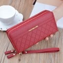 Cartera larga para mujer con dos cremalleras y patrón de rombos en relieve Etiqueta dorada y correa para la muñeca de PU cuero 19,5 x 9,5 2