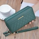 Cartera larga para mujer con dos cremalleras y patrón de rombos en relieve Etiqueta dorada y correa para la muñeca de PU cuero 19,5 x 9,5 5