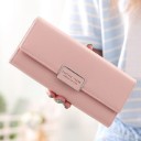 Cartera larga para mujer con solapa y etiqueta metálica Cartera elegante de cuero PU con superficie lisa y bordes cosidos 19 x 9,5 cm 3