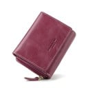 Cartera pequeña de cuero para mujer con solapa y parte con cremallera Color burdeos Costura clara en contraste Tamaño compacto 11 x 9 x 4 cm 1