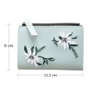 Cartera plegable para mujer con flores blancas bordadas Bolsillo para monedas con cremallera Ranuras para tarjetas Ventana transparente 8