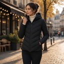 Casaco acolchoado feminino com capuz e fecho éclair, corte justo com mangas de malha e painéis laterais acolchoados em forma de V 6