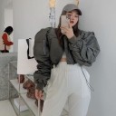 Casaco bomber curto de primavera para mulher com mangas franzidas Bainha ajustável Bolso com fecho no braço Tamanho universal 3