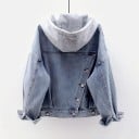 Casaco de denim para senhora com capuz de malha Corte mais curto Ombros caídos Linha inclinada de botões nas costas Grandes bolsos Algodão 4