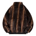 Casaco de fleece feminino com gola alta e padrão riscado castanho casaco felpudo com punhos canelados pretos e bolsos laterais 2