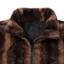 Casaco de fleece feminino com gola alta e padrão riscado castanho casaco felpudo com punhos canelados pretos e bolsos laterais 8