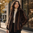 Casaco de fleece feminino com gola alta e padrão riscado castanho casaco felpudo com punhos canelados pretos e bolsos laterais 6