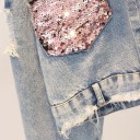 Casaco de ganga curto para senhora com bolsos de lantejoulas Corte mais solto Ganga azul clara com efeito desbotado Detalhes rasgados Bainha 3