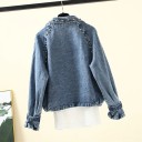 Casaco de ganga feminino estilo biker com tachas metálicas Colarinhos largos e fecho de correr Grandes bolsos com aba Elástico na bainha 3