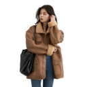 Casaco de Inverno Feminino 95% poliéster 5% elastano Casaco Castanho Reversível com fecho e botões De um lado pelagem com gola Casaco elegante 5