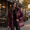 Casaco de inverno feminino acolchoado com capuz e cordão na cintura casaco puffer brilhante com fecho éclair e botões de pressão 10