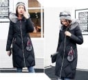 Casaco de inverno longo para senhora com capuz e rebordo peludo Proporciona um efeito de losangos Bolsos com fecho de correr Fita 9
