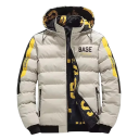 Casaco de Inverno Masculino com Capuz Casaco Acolchoado com Inscrições nas Mangas e Forro Fecho com Zíper Punhos Elásticos Estilo Urbano para o Inverno 1