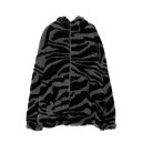 Casaco de pelúcia feminina com padrão de zebra e capuz Corte oversized solto Fecho de correr Dois bolsos laterais Poliéster 1