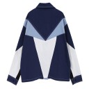 Casaco de senhora em patchwork azul e branco com partes pretas Fecho com botões de pressão Bolsos de peito com aba Costura contrastante Poliéster 2