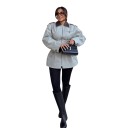 Casaco feminino casual com fecho éclair e gola castanha em contraste, corte largo prolongado, casaco cinza claro com bolso no peito, para a cidade 1