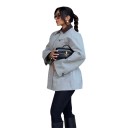 Casaco feminino casual com fecho éclair e gola castanha em contraste, corte largo prolongado, casaco cinza claro com bolso no peito, para a cidade 2