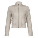 Casaco feminino cinza claro com fecho éclair Casaco curto com colarinho Casaco de primavera e outono Blazer elegante até à cintura com punhos Estilo urbano 1
