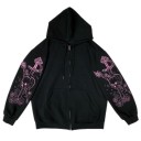 Casaco feminino com capuz e fecho éclair Preto Motivo rosa de caveira com espada e rosas nas mangas Bolsos frontais Corte solto Poliéster e acrílico 1