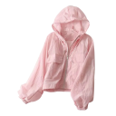 Casaco feminino leve com capuz Rápido a secar Corta-vento impermeável para a cidade Proteção UV Casaco leve de primavera com bolsos com fecho 3