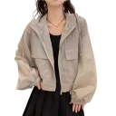 Casaco feminino leve com capuz Rápido a secar Corta-vento impermeável para a cidade Proteção UV Casaco leve de primavera com bolsos com fecho 3